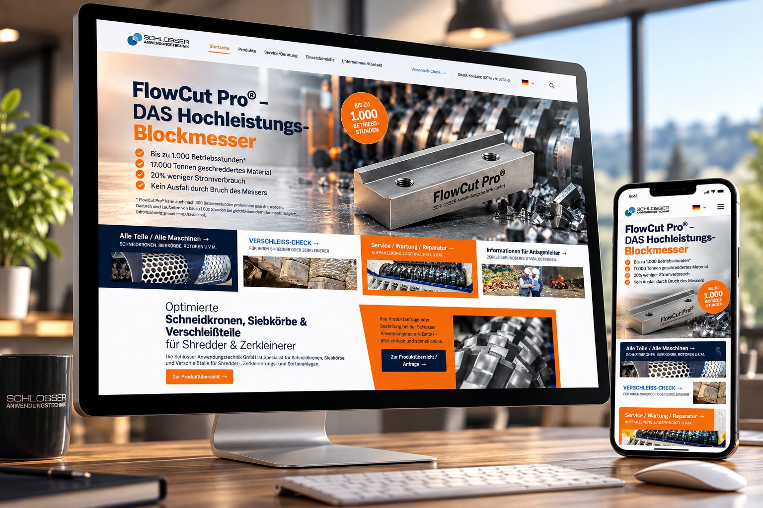 Website von Schlosser Anwendungstechnik mit FlowCut Pro® auf Bildschirm und Smartphone